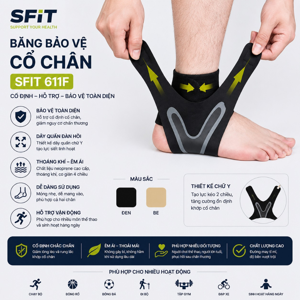 Băng bảo vệ quấn cổ chân, mắt cá chân SFIT 611F mỏng nhẹ, miếng dán chắc chắn