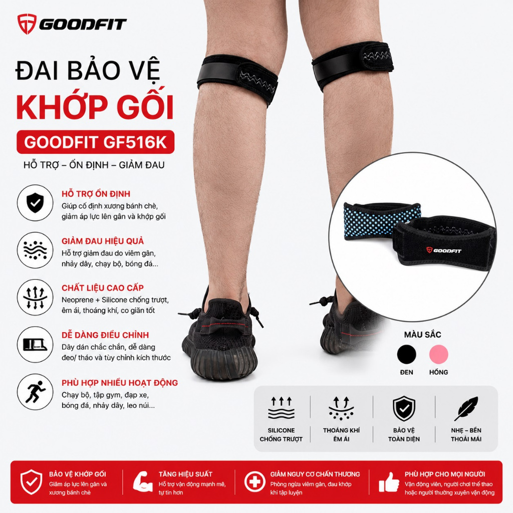 Bó gối thể thao cao cấp GoodFit GF516K với đệm bảo vệ dày dặn, silicone chống trượt tốt