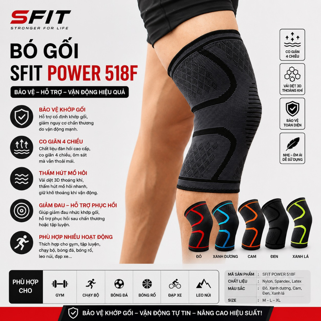 Băng bảo vệ gối chân, bó gối thể thao SFIT POWER cao cấp giá rẻ, bó gối chân, đai bảo vệ gối khi vận động thể thao