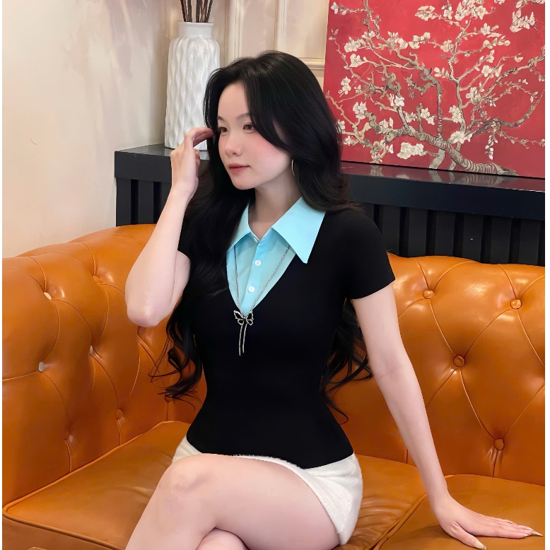 áo thun ôm body PHỐI CỔ SƠ MI chất vài cotton mềm mại