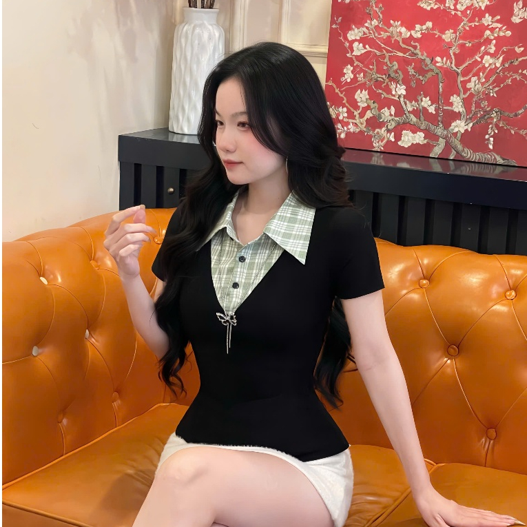 áo thun ôm body PHỐI CỔ SƠ MI chất vài cotton mềm mại