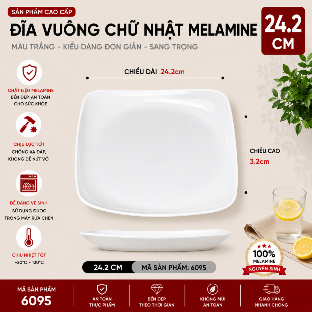 Đĩa Phíp ( Melamine A5 ) Cao Cấp Trắng Sang Trọng Bền Đẹp Không Xước - Ố  6095 ( 25040 )
