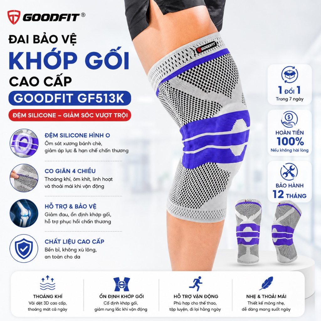 Bó gối thể thao đệm silicone GoodFit GF513K chất liệu co giãn 4 chiều, có thanh trợ lực lò xo