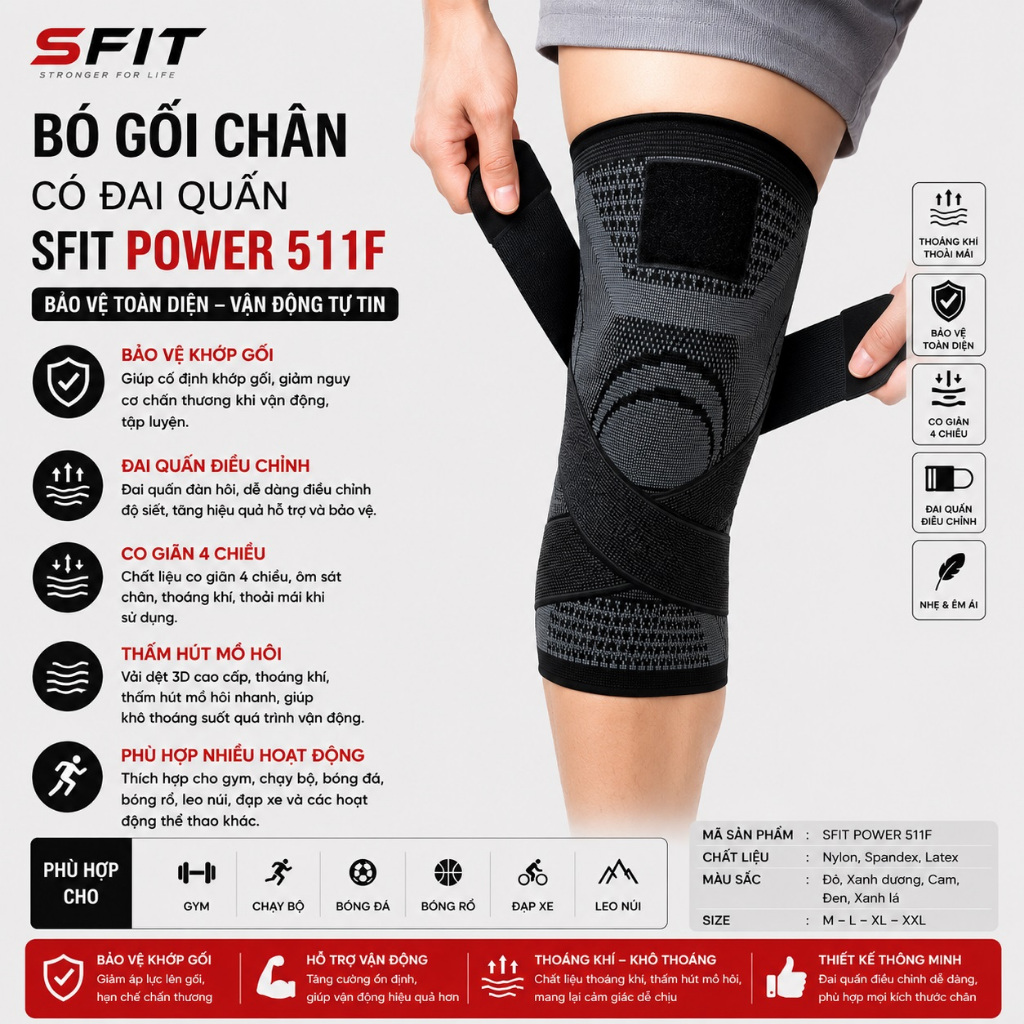 Bó gối thể thao bảo vệ gối chân SFIT POWER 511F co giãn 4 chiều, dây quấn trợ lực chắc chắn