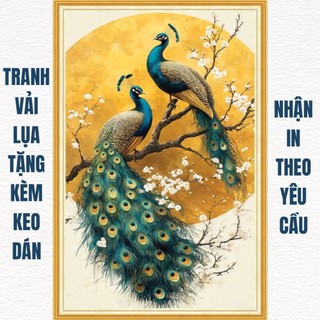 Tranh dán tường 3D chim uyên ương công phượng trang trí phòng ngủ, tranh in trên chất liệu vải lụa (tặng kèm keo dán)