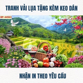 Tranh dán tường phòng ăn phòng bếp, tranh tĩnh vật hoa quả, tranh 3D in trên chất liệu vải lụa (shop tặng kèm keo dán)