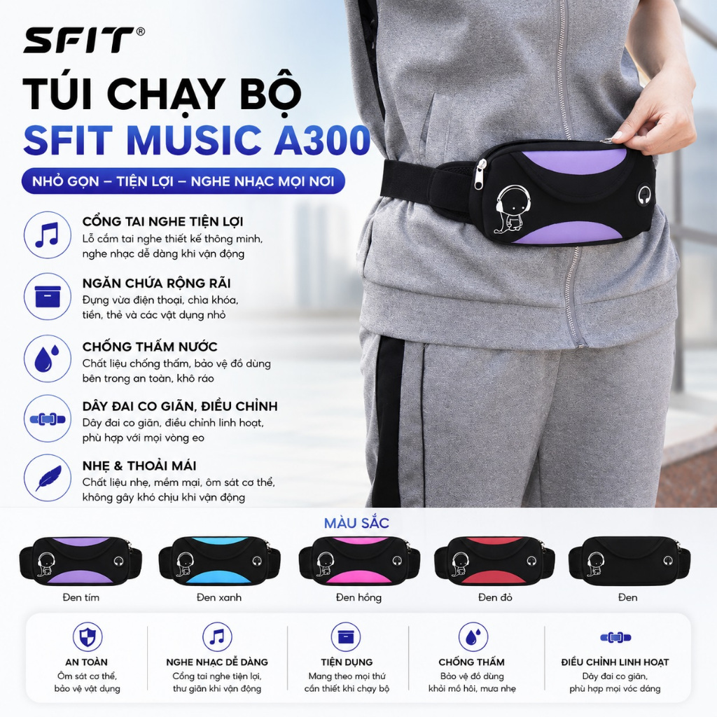 Túi đeo hông chạy bộ SFIT MUSIC A300 hoạt hình 2 ngăn cao cấp