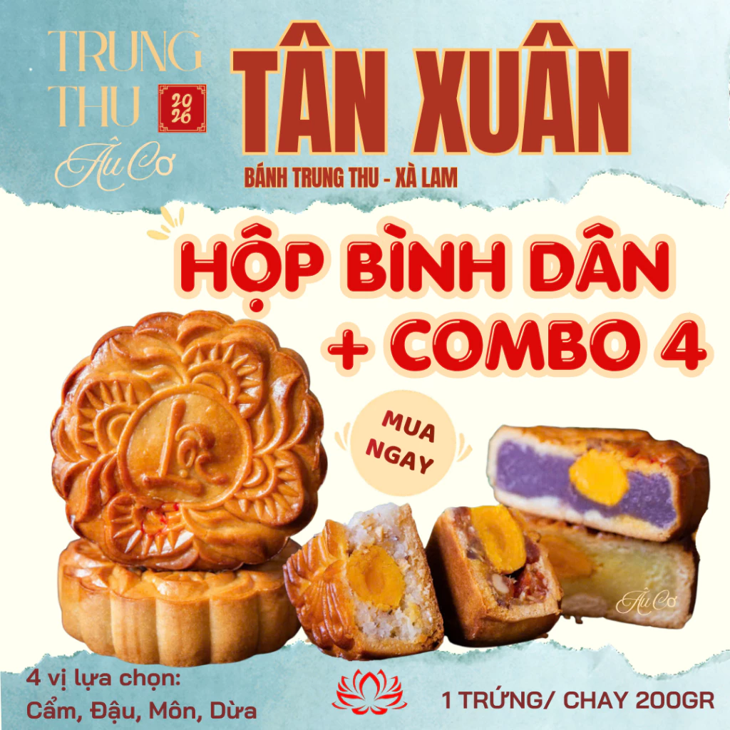 Hộp Bình Dân kèm 4 bánh trung thu Tân Xuân loại 200g 1trứng