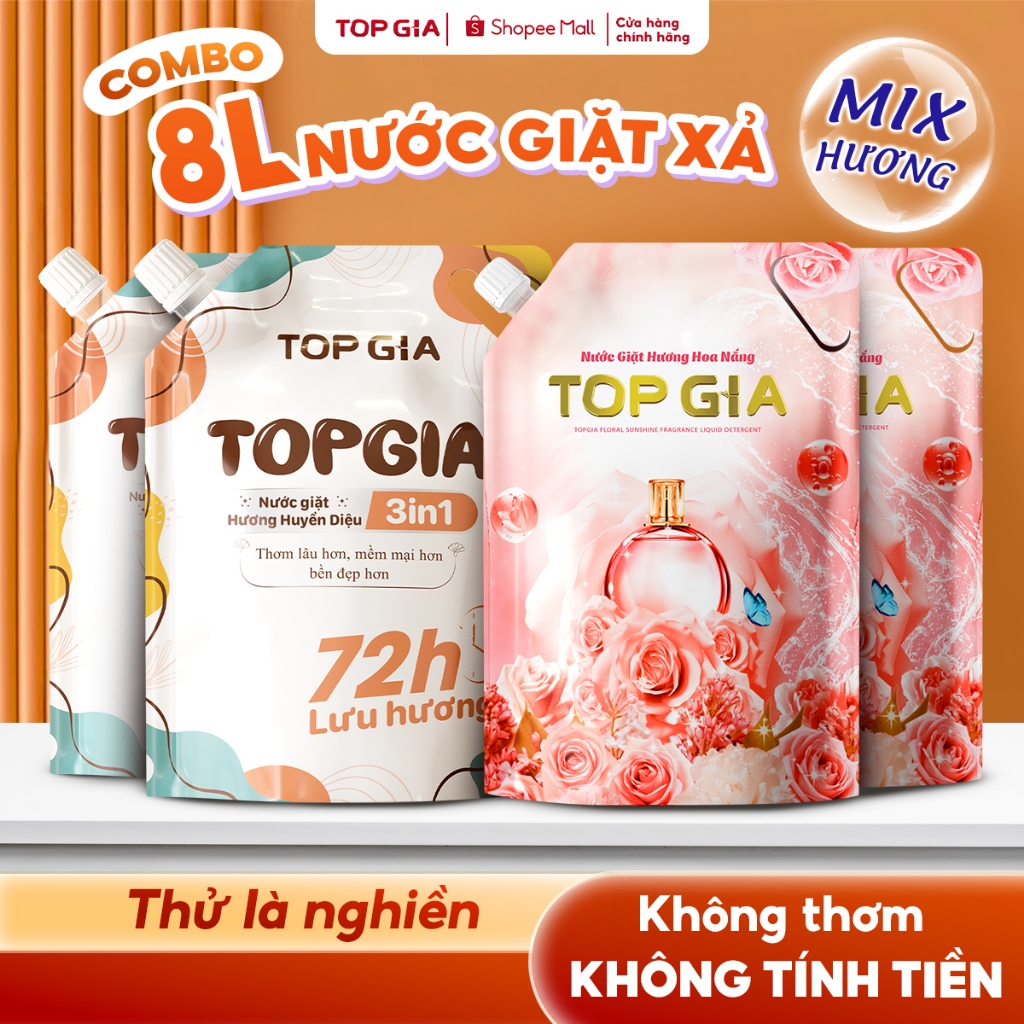 [COMBO MIX] Nước Giặt Xả TopGia Hương Huyền Diệu Hoa Nắng Dịu Nhẹ, An Toàn Lưu Hương 72H, Túi 2L
