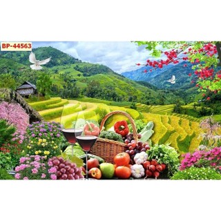 Tranh dán tường phòng bếp phòng ăn, tranh tĩnh vật hoa quả, tranh 3D in trên chất liệu vải lụa (shop tặng kèm keo dán)