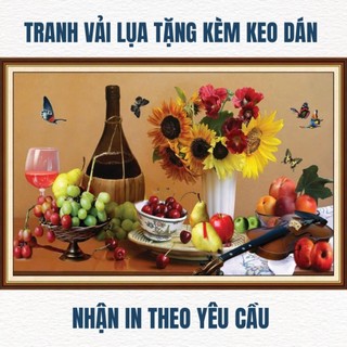 Tranh dán tường phòng bếp phòng ăn, tranh tĩnh vật hoa quả, tranh 3D in trên chất liệu vải lụa (shop tặng kèm keo dán)
