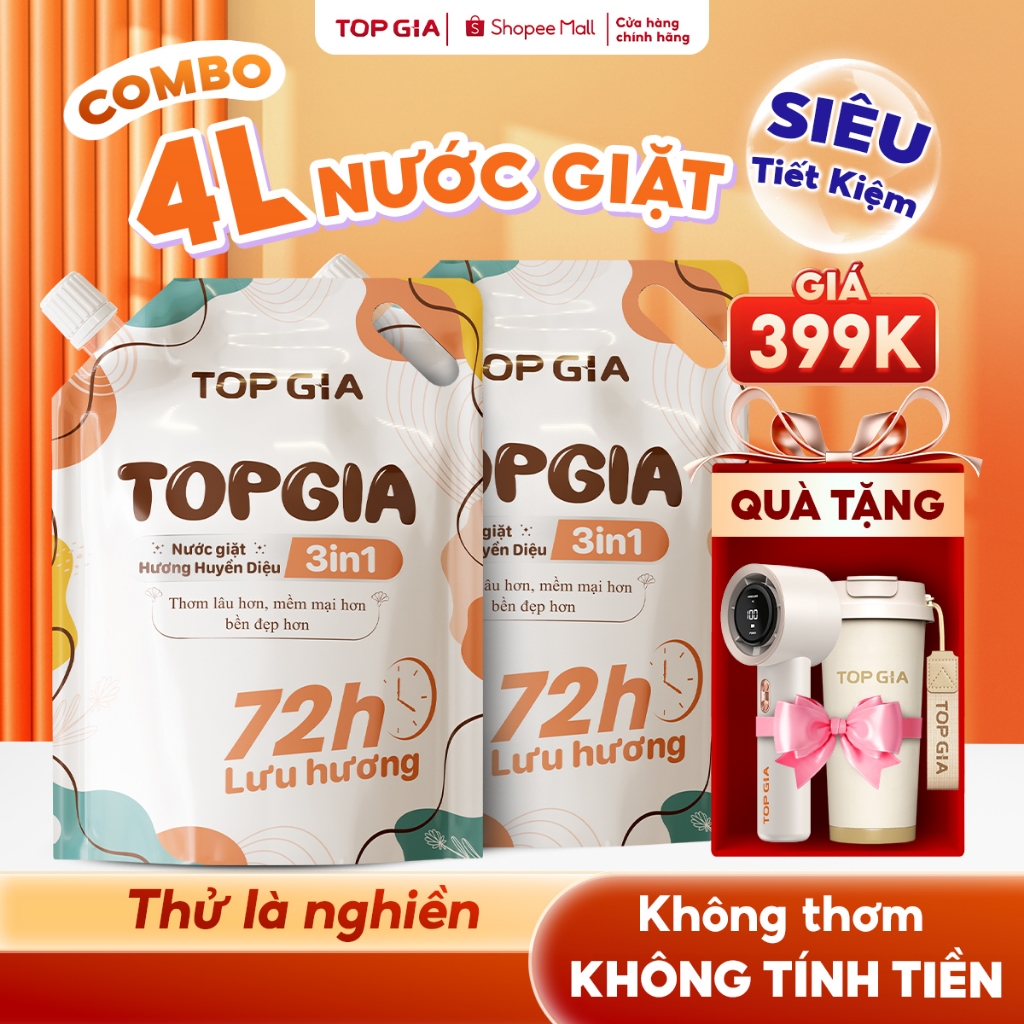 [TẶNG QUẠT VÀ BÌNH] Combo 4L Nước Giặt Xả TopGia 3in1 Hương Huyền Diệu, Lavender Lưu Hương Lâu 72H