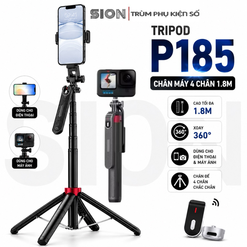Gậy Chụp Ảnh 4 Chân P185-Gậy Chụp Hình  Cầm Tay Tặng Kèm Remote có Chiều Dài Sử Dụng 30-180cm