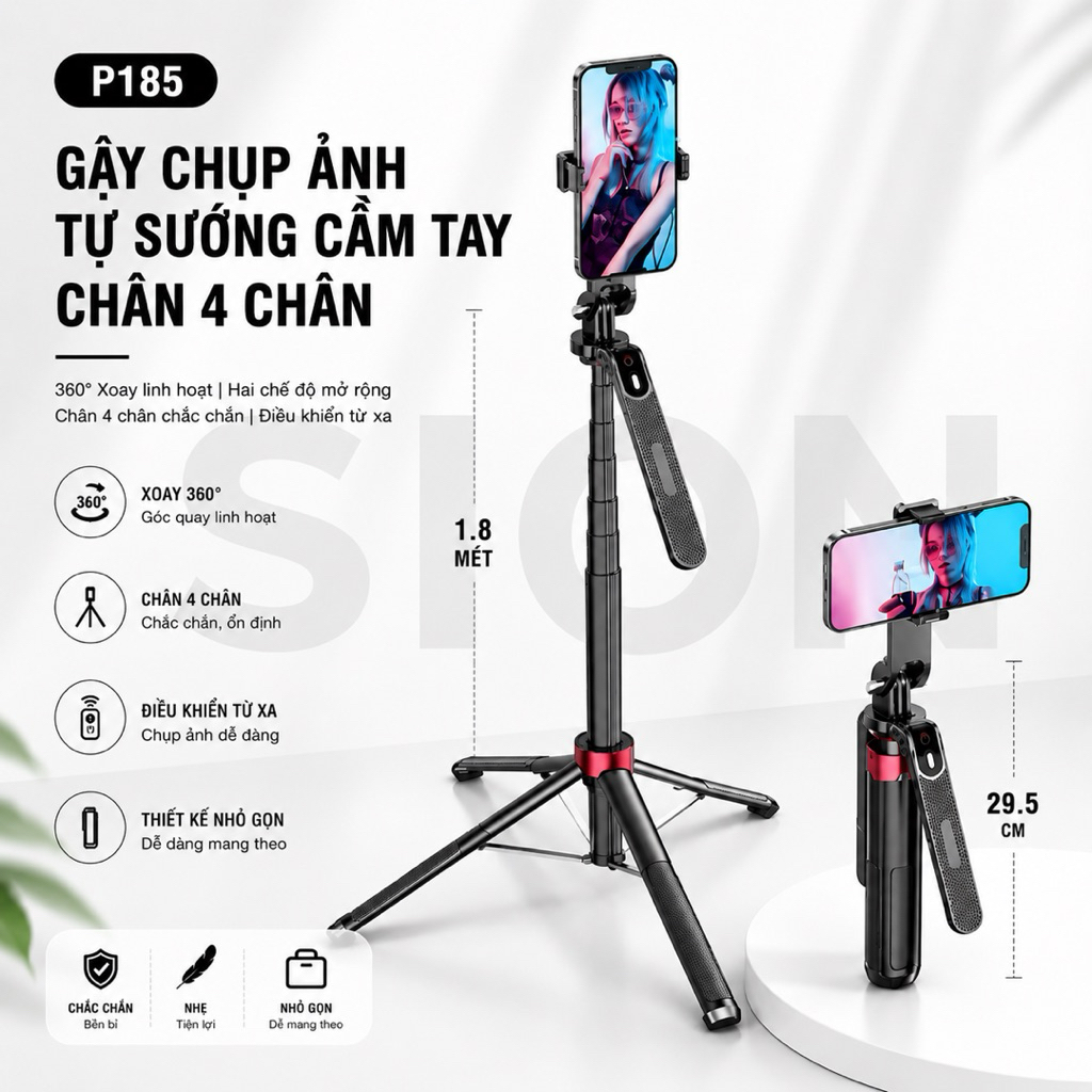 Gậy Chụp Ảnh 4 Chân P185-Gậy Chụp Hình  Cầm Tay Tặng Kèm Remote có Chiều Dài Sử Dụng 30-180cm