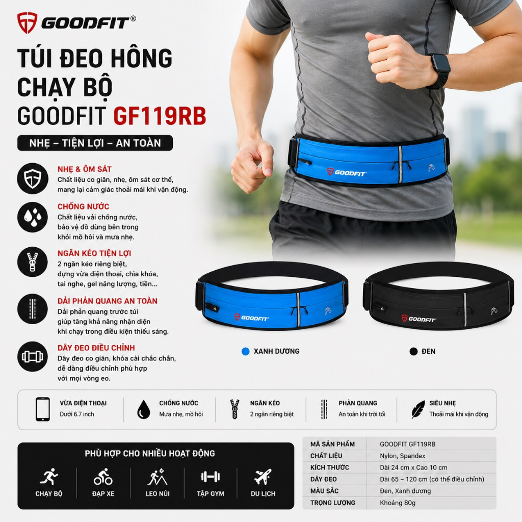 Túi đeo chạy bộ, đai chạy bộ chống nước, phản quang GoodFit GF119RB