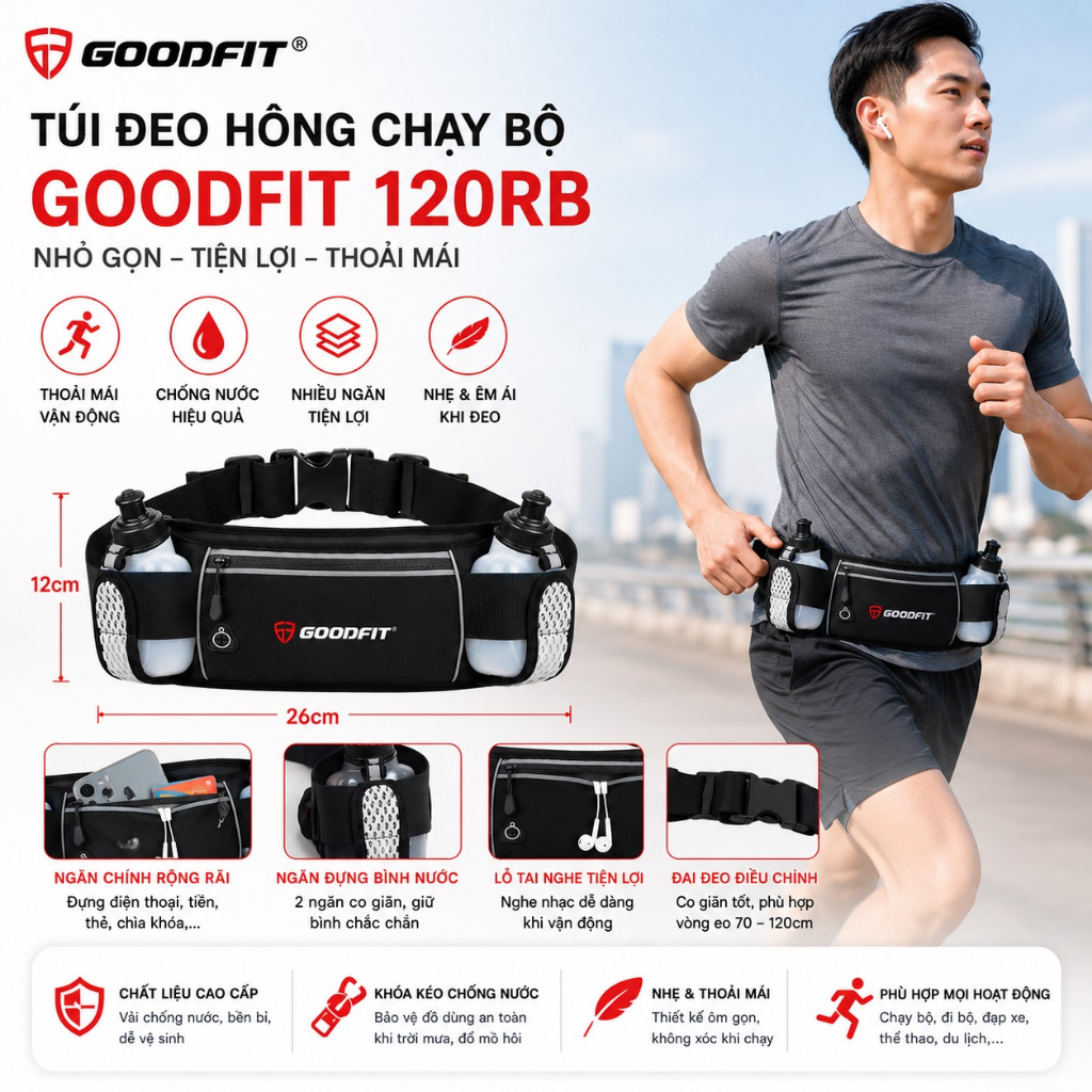 Đai chạy bộ, túi đeo hông đựng điện thoại chống nước GoodFit GF120RB (không có bình nước)