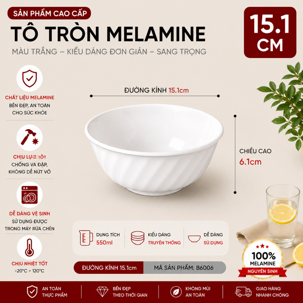 Bát Phíp ( Melamine A5 ) Cao Cấp Trắng Sang Trọng Bền Đẹp Không Xước - Ố  B 6006