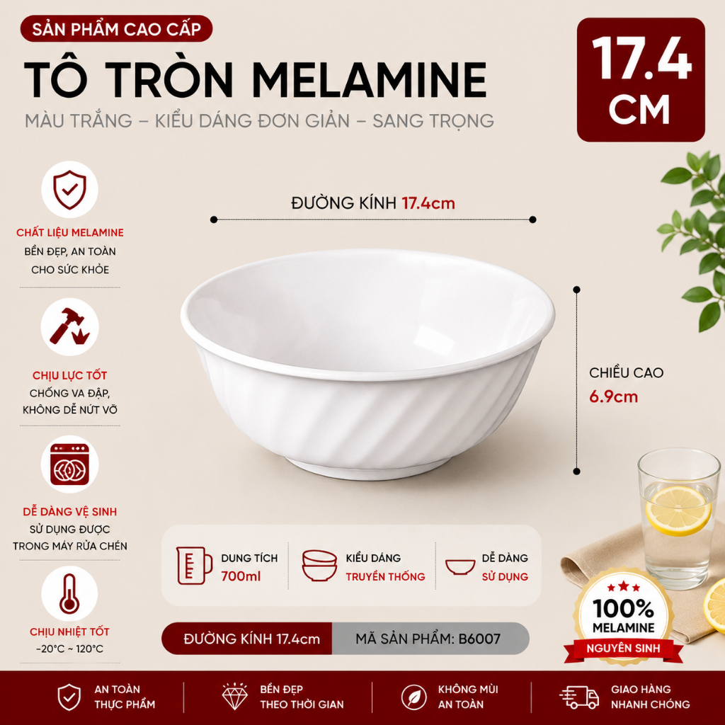 Bát Phíp ( Melamine A5 ) Cao Cấp Trắng Sang Trọng Bền Đẹp Không Xước - Ố  B 6007