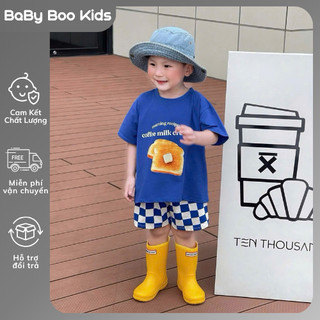 Set Đồ Bé Trai Áo Thun In Bánh Mì+Quần Short Caro Xanh Trắng, Bộ Quần Áo Bé Trai Cotton Mềm Mát A17