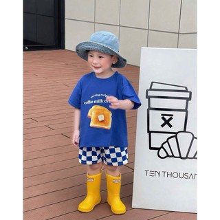 Set Đồ Bé Trai Áo Thun In Bánh Mì+Quần Short Caro Xanh Trắng, Bộ Quần Áo Bé Trai Cotton Mềm Mát A17