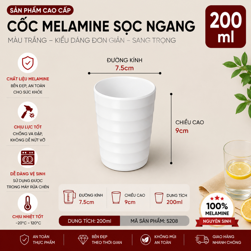 Cốc Phíp ( Melamine A5 ) Cao Cấp Trắng Sang Trọng Bền Đẹp Không Xước - Ố  5208