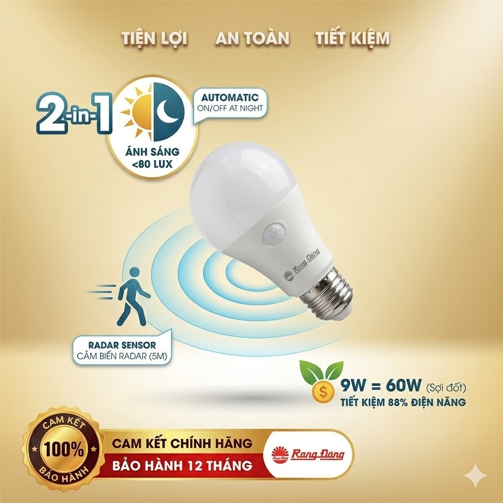 Bóng đèn led, dèn cảm biến Radar Rạng Đông A60.RAD/9W 9W tự động bật tắt chuyển động