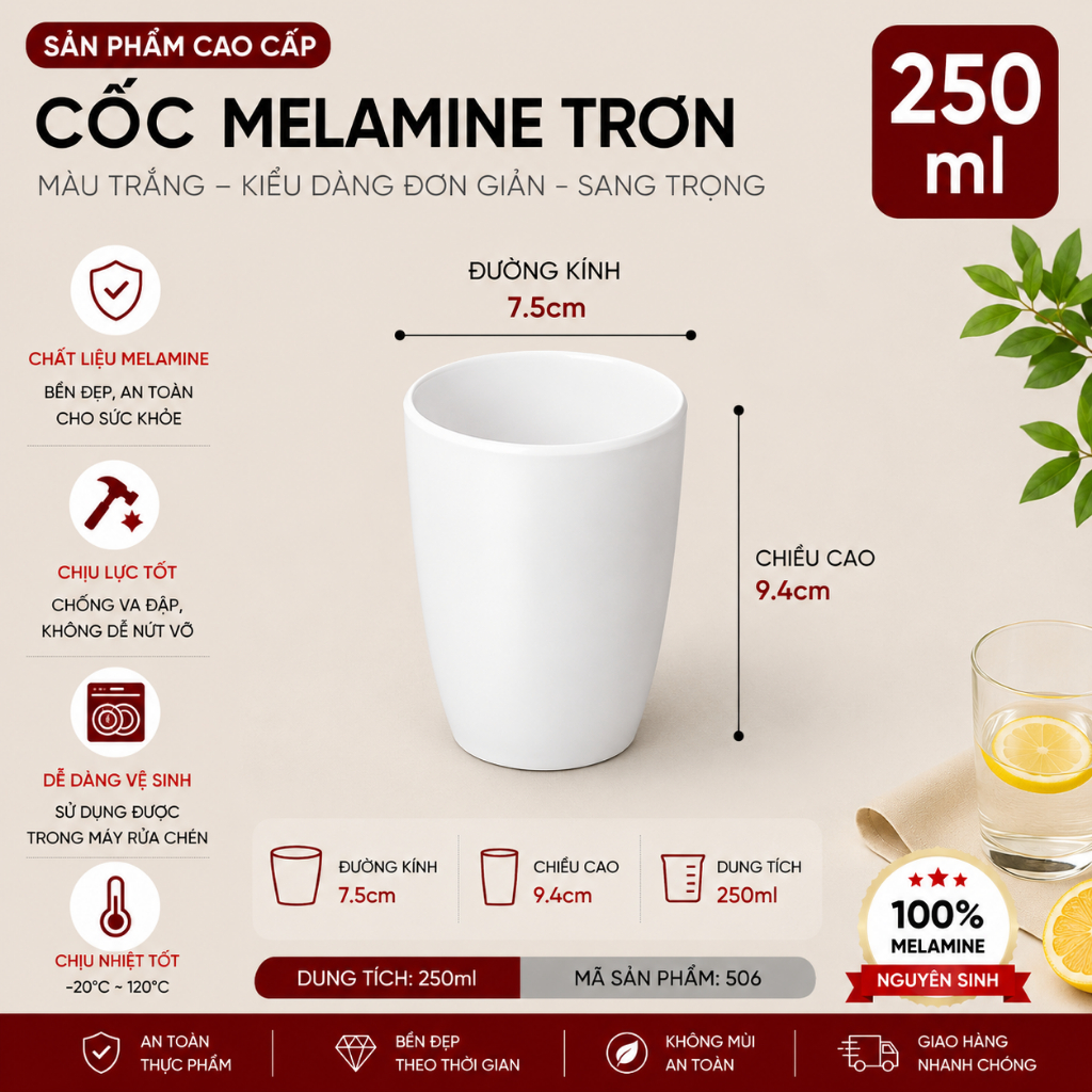 Cốc Phíp ( Melamine A5 ) Cao Cấp Trắng Sang Trọng Bền Đẹp Không Xước - Ố  506
