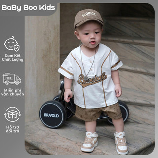 Set Đồ Bé Trai Baseball Hàn Quốc, Áo Thun Cổ Tim+Quần Short Nâu Cotton Mềm Mùa Hè Cho Bé 8-18kg A35