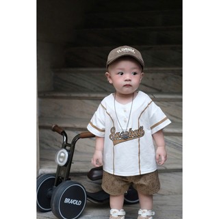 Set Đồ Bé Trai Baseball Hàn Quốc, Áo Thun Cổ Tim+Quần Short Nâu Cotton Mềm Mùa Hè Cho Bé 8-18kg A35