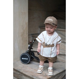 Set Đồ Bé Trai Baseball Hàn Quốc, Áo Thun Cổ Tim+Quần Short Nâu Cotton Mềm Mùa Hè Cho Bé 8-18kg A35