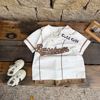 Set Đồ Bé Trai Baseball Hàn Quốc, Áo Thun Cổ Tim+Quần Short Nâu Cotton Mềm Mùa Hè Cho Bé 8-18kg A35