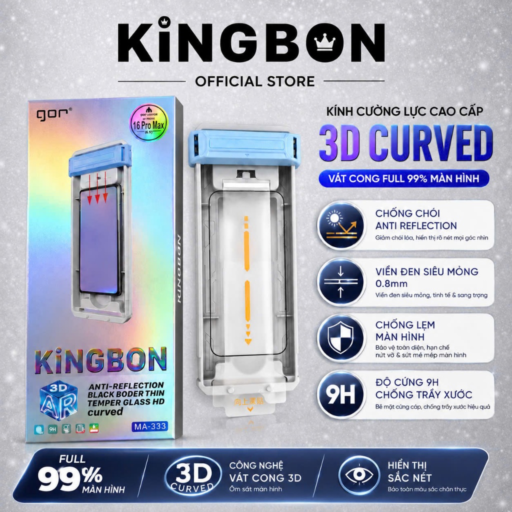 Kính Cường Lực iPhone GOR x KiNGBON 3D CURVED Chống Chói AR - Không Lẹm Màn Hình FULL 99%