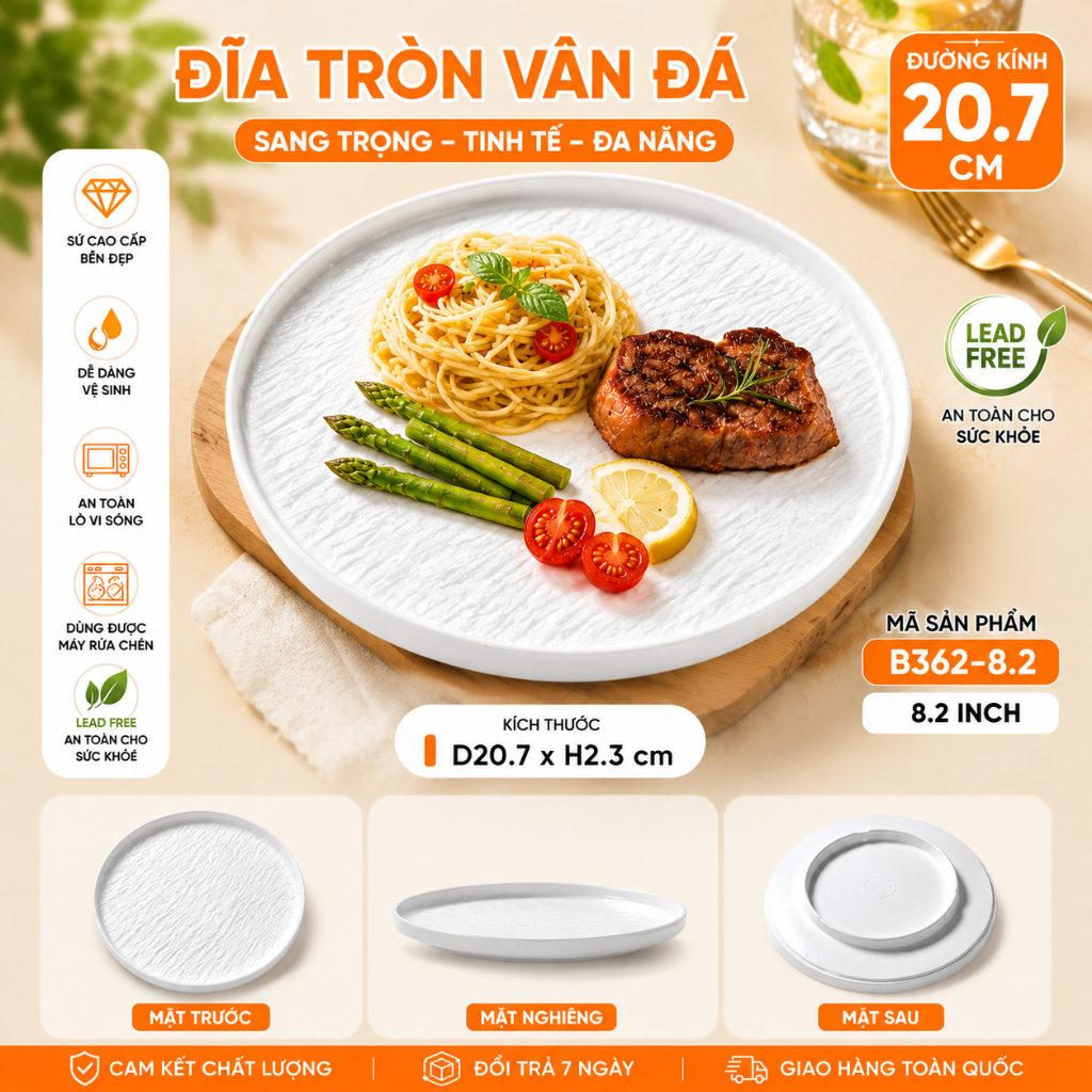 Đĩa Phip Melamine Vân Đá Chất Liệu  A8 Cao Cấp – Đẳng Cấp Nhà Hàng, Khách Sạn 362-8.2 Trắng