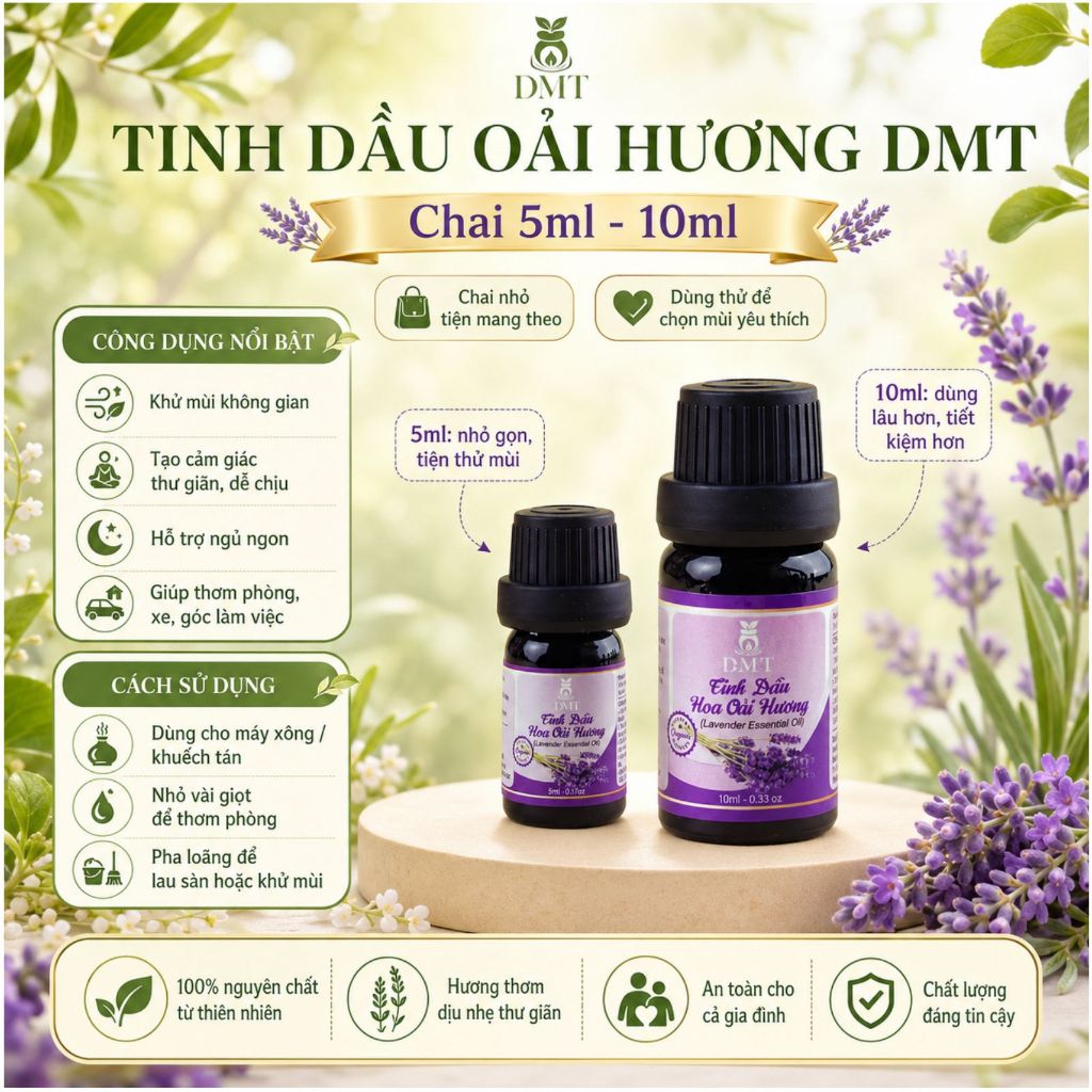 Tinh dầu Lavender (Oải hương) nguyên chất DMT - tinh dầu lavender ngủ ngon, thiên nhiên 5ml/10ml