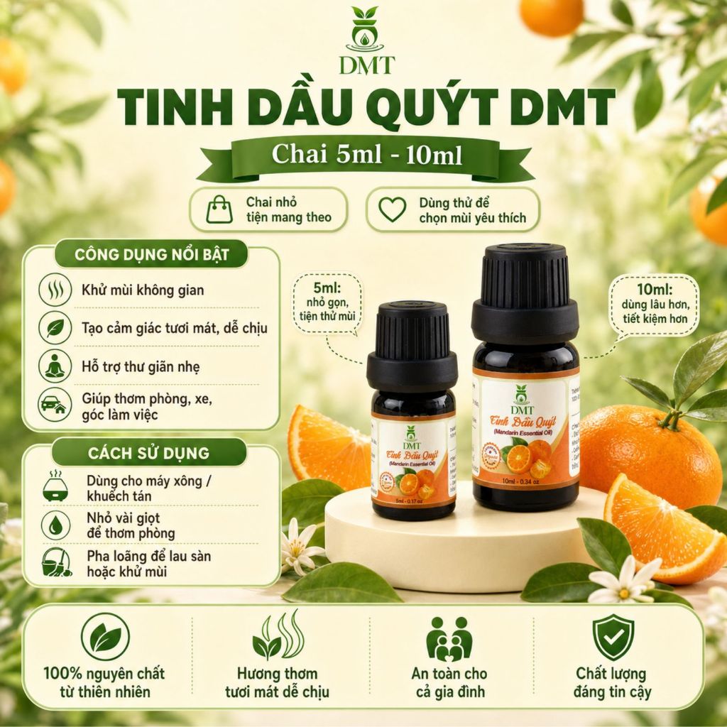 Tinh dầu Quýt nguyên chất DMT - tinh dầu vỏ quýt xông phòng, treo xe giảm say tàu xe - 5ml/10ml
