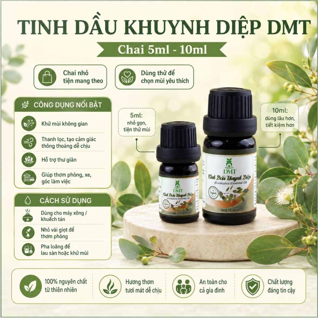 Tinh dầu khuynh diệp xông thơm phòng, treo xe DMT - tinh dầu khuynh diệp kháng khuẩn -5ml/10ml