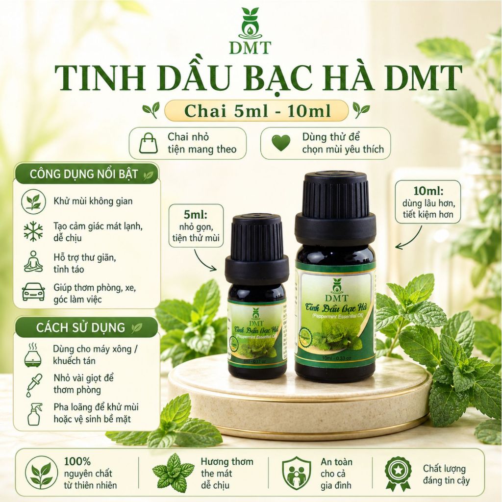 Tinh dầu Bạc Hà xông thơm phòng, treo xe hơi DMT - tinh dầu bạc hà khử mùi, kháng khuẩn - 5ml/10ml