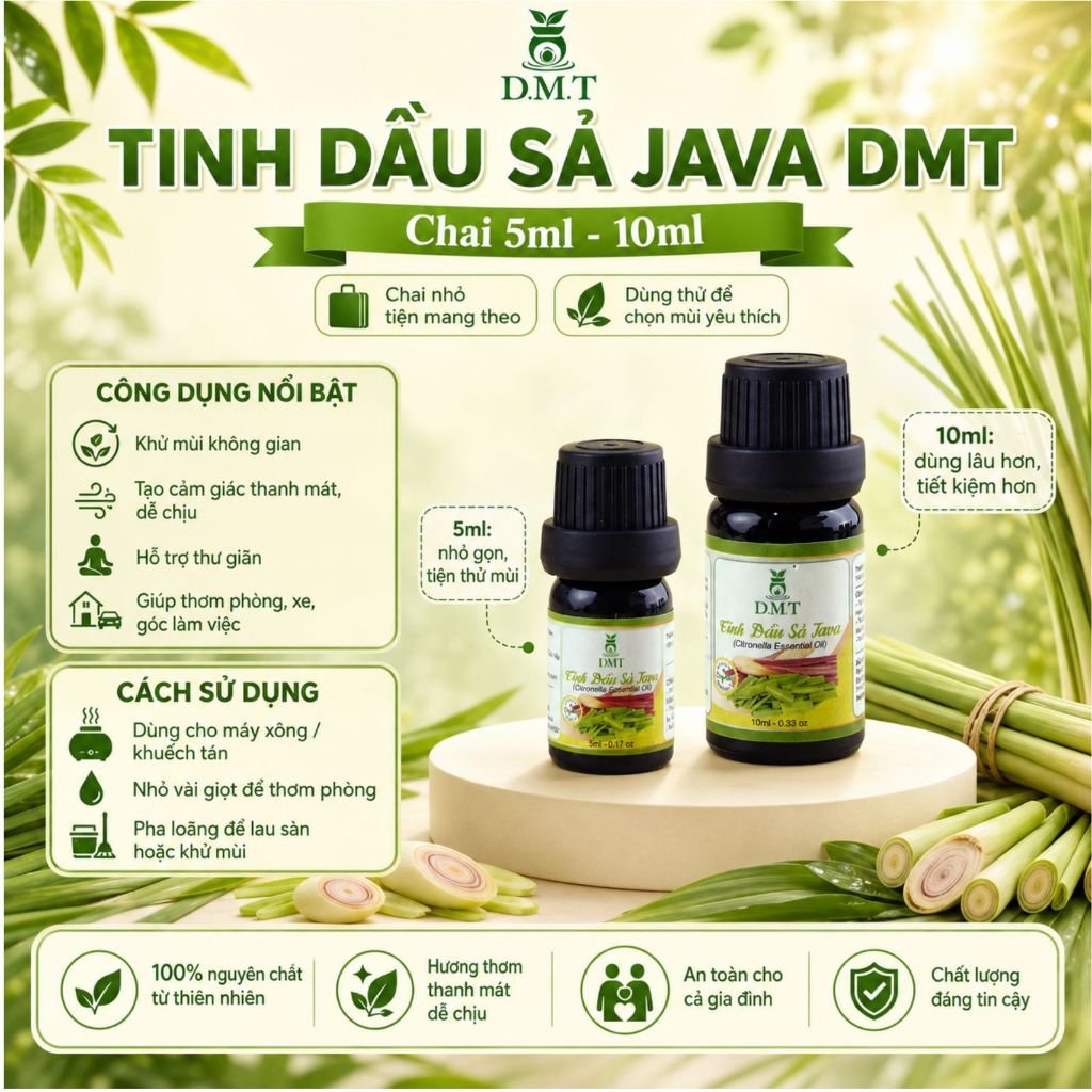 Tinh dầu Sả Java xông thơm phòng, treo xe DMT - tinh dầu sả khử mùi, đuổi muỗi, kháng khuẩn 5ml/10ml