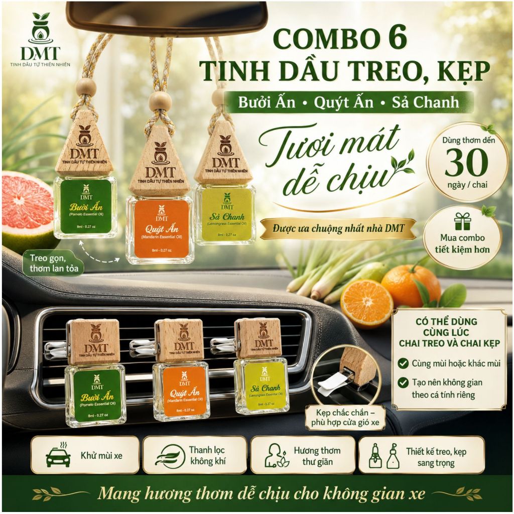 Combo 6 chai tinh dầu treo kẹp ưa chuộng nhất DMT - tinh dầu treo kẹp sả chanh, bưởi, quýt khử mùi