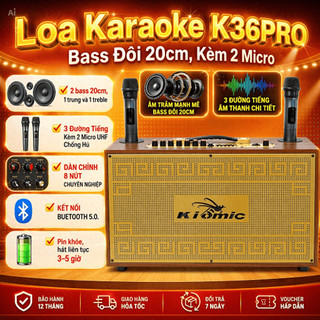 Loa Karaoke Xách Tay 2 Bass 20 KIOMIC K36 PRO 3 Đường Tiếng Kèm 2 Micro UHF Chống Hú, Công Suất 150W