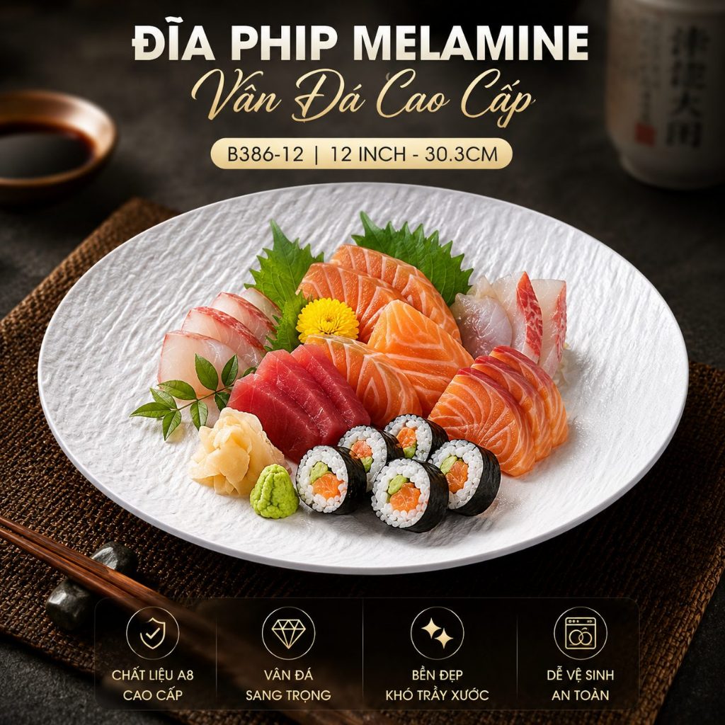Đĩa Phip Melamine Vân Đá Chất Liệu  A8 Cao Cấp – Đẳng Cấp Nhà Hàng, Khách Sạn 386-12 Trắng