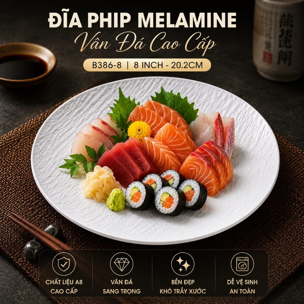 Đĩa Phip Melamine Vân Đá Chất Liệu  A8 Cao Cấp – Đẳng Cấp Nhà Hàng, Khách Sạn 386-8 Trắng