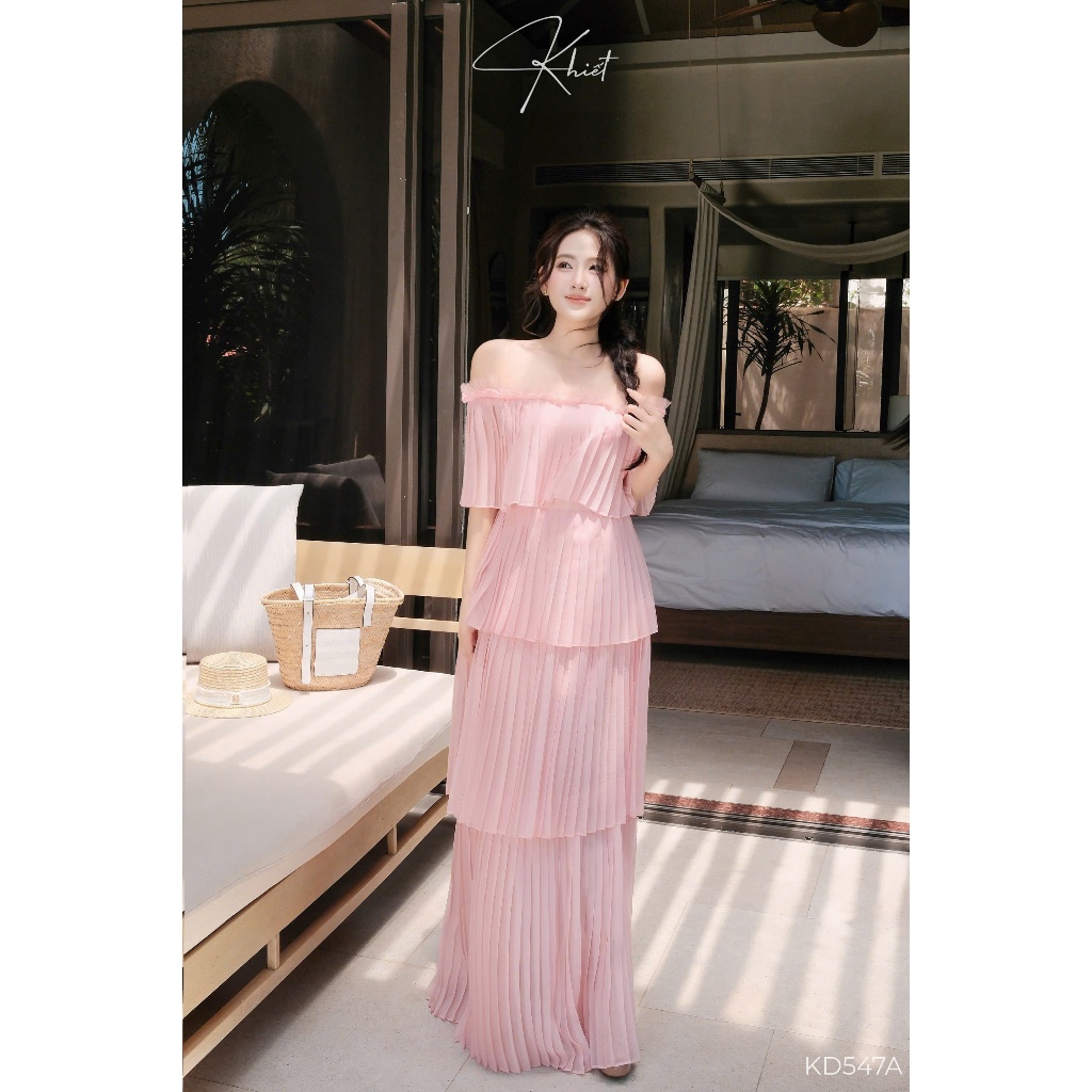 Đầm dài maxi hồng trễ vai tơ nữ hoàng dập ly phong cách bay bổng nhẹ nhàng Khiết KD547A