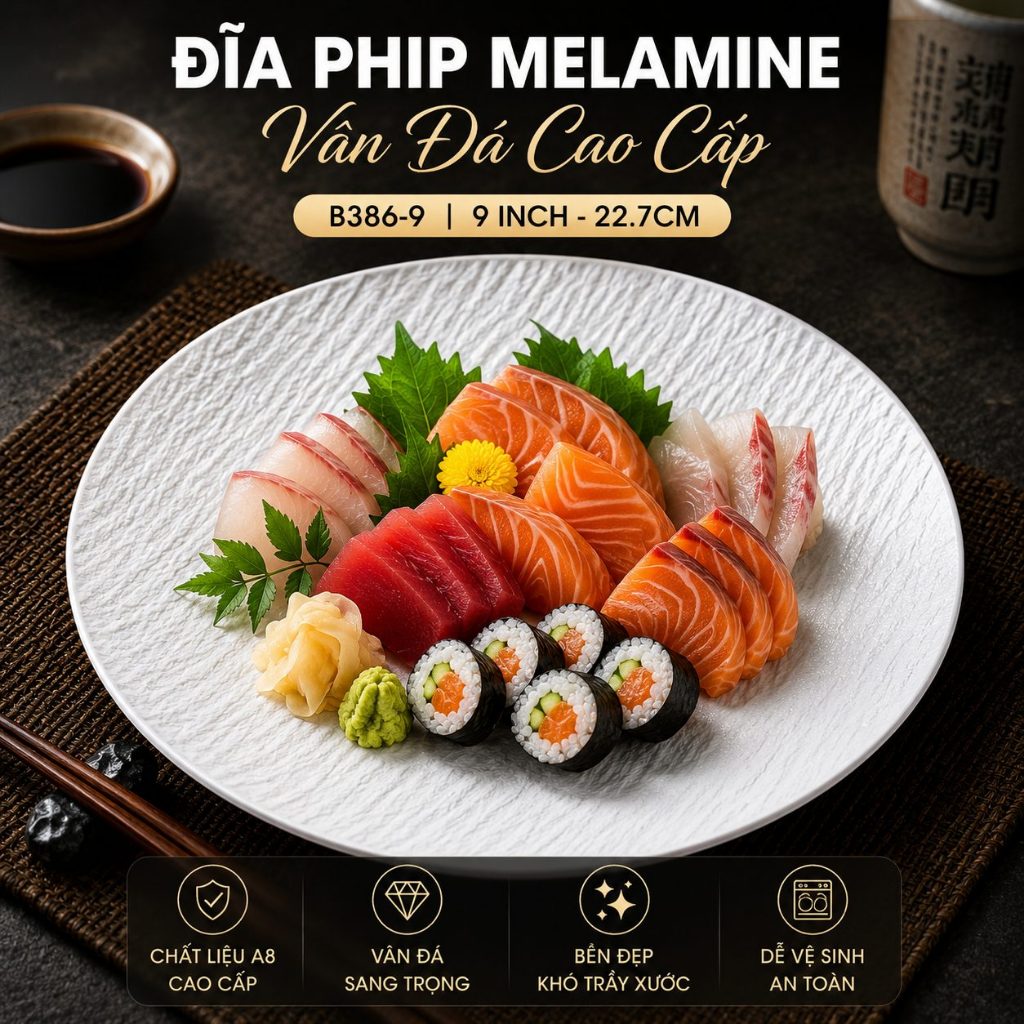 Đĩa Phip Melamine Vân Đá Chất Liệu  A8 Cao Cấp – Đẳng Cấp Nhà Hàng, Khách Sạn 386-9 Trắng