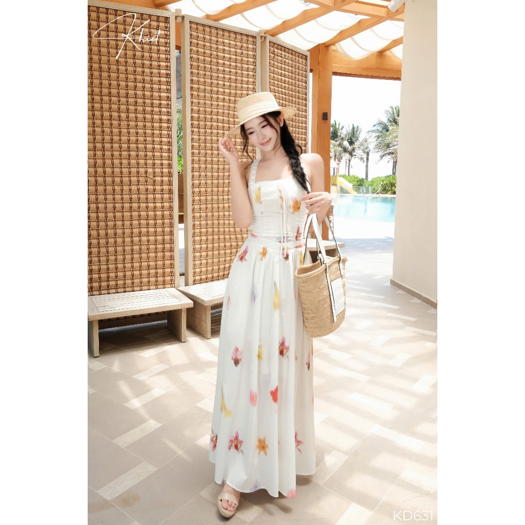 Đầm Maxi Dáng Dài Tùng Xòe Phối Dây Ren Mềm Buộc Gáy Khiết KD631