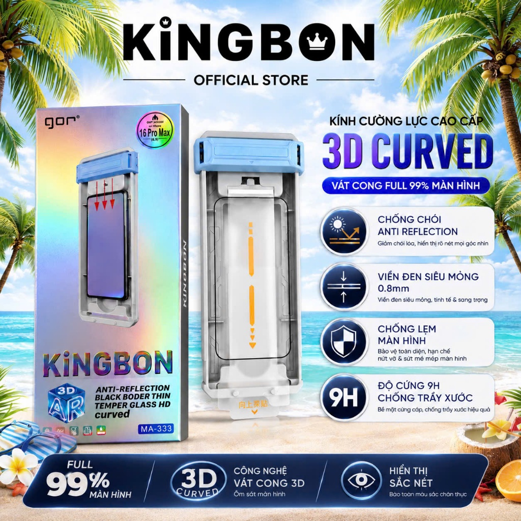 Kính iPHONE 3D CURVED Gor x KiNGBON Chống Chói - FUll 99% Màn Hình không Bị Lẹm vào Màn