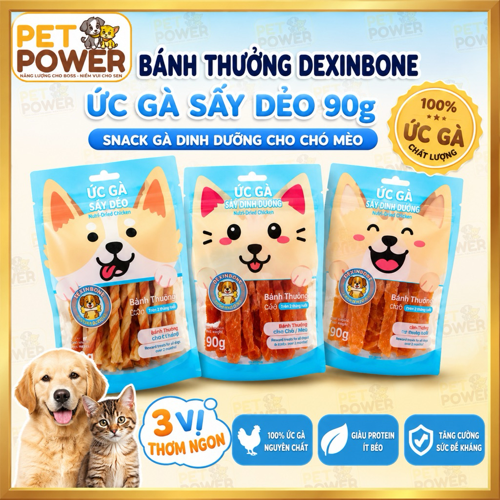 Bánh Thưởng Dexinbone Ức Gà Sấy Dẻo 90g Cho Chó Mèo - Snack Gà Dinh Dưỡng Nhiều Vị