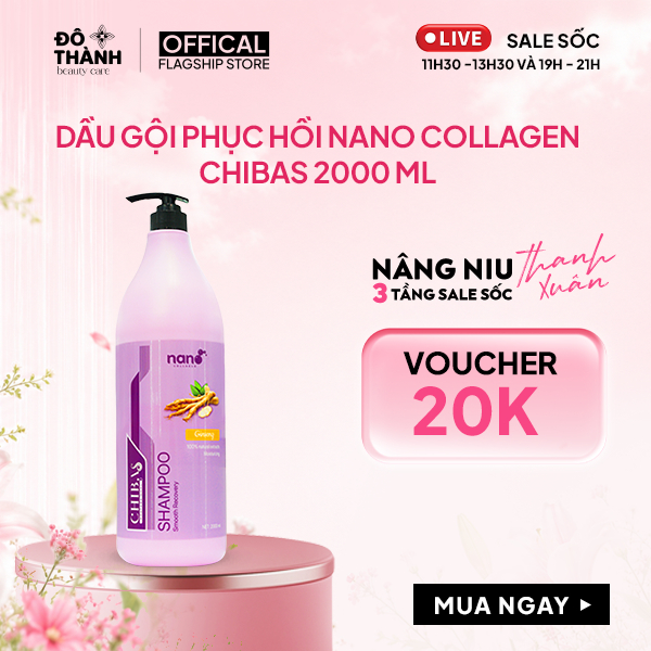 Dầu gội đầu mượt tóc Nano Collagen Chibas làm sạch da đầu giúp tóc bóng mượt mềm mại dành cho mọi loại tóc 2000ml