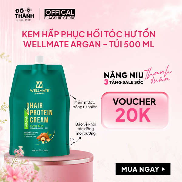 Kem ủ tóc phục hồi hư tổn Argan Wellmate giảm khô xơ gãy rụng bảo vệ tóc khỏi nhiệt túi 500ml