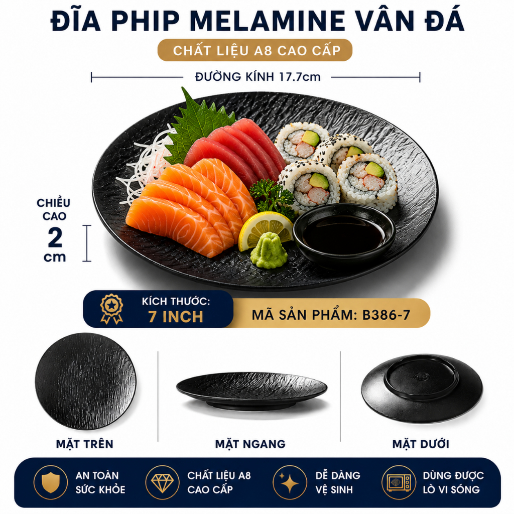 Đĩa Phip Melamine Vân Đá Chất Liệu  A8 Cao Cấp – Đẳng Cấp Nhà Hàng, Khách Sạn 386-7 Đen